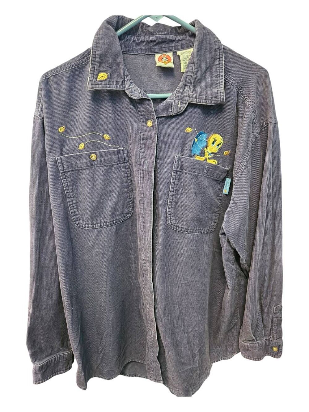 Looney Tunes Tweety Bird Blue Corduroy Button Down Shirt Mens Size XL